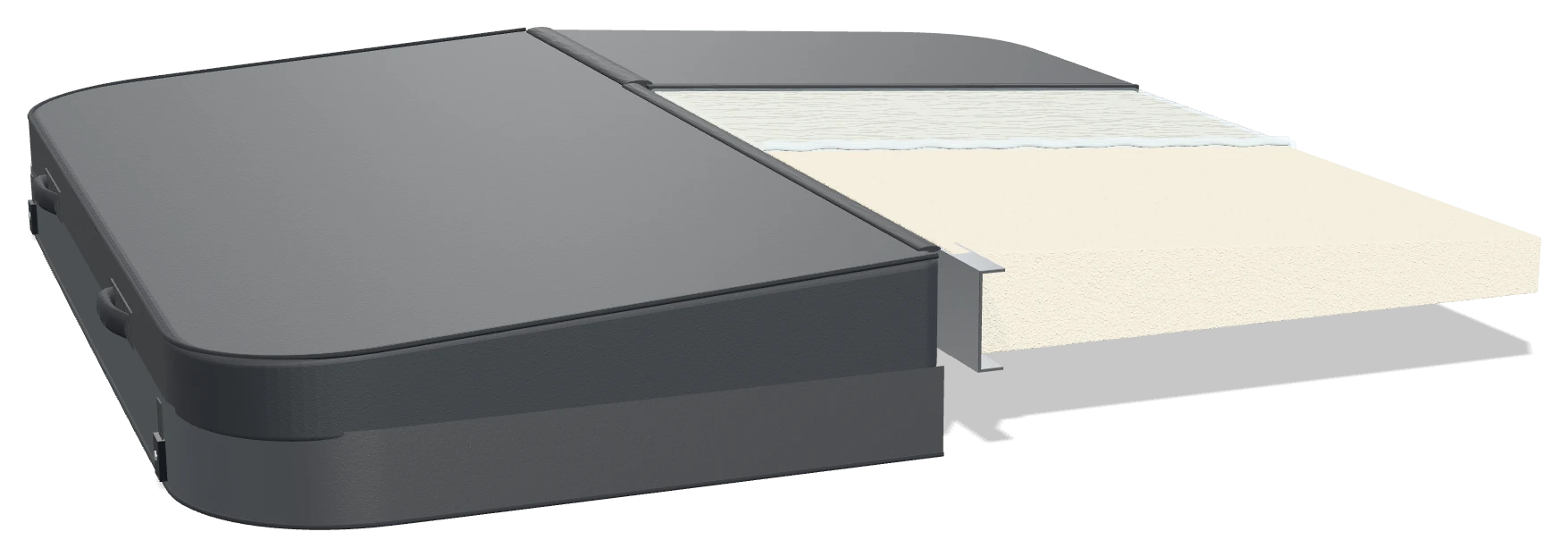 Cutaway render of a hot tub cover showing the vinyl, vapour barrier, tapered foam core, aluminum C-channel, skirt, handles and locking strap