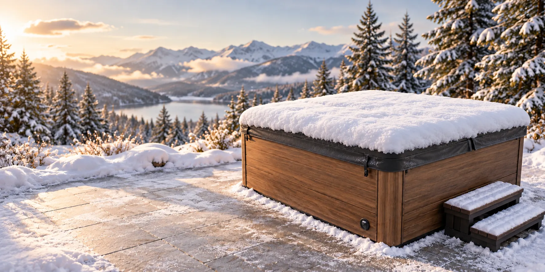 A hot tub with a snow-covered cover on a snowy patio at golden hour, spruce trees, a lake and mountains behind