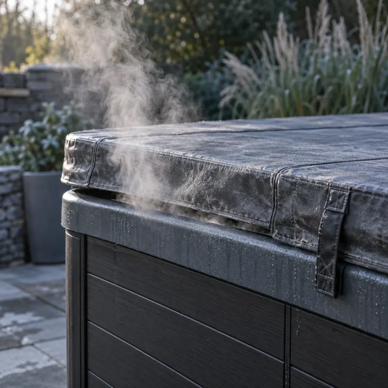 Steam escaping from under a worn hot tub cover on a frosty morning