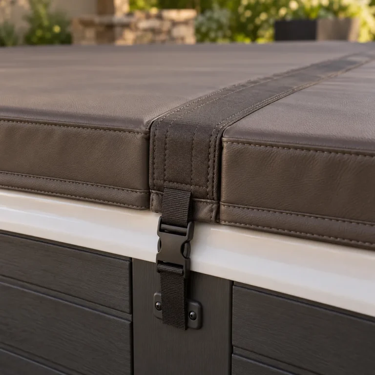 Close-up of a cover's hinge strap and buckle on a hot tub