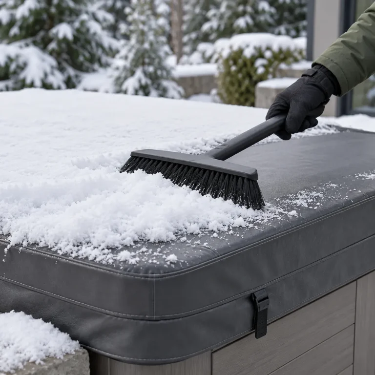 Gloved hand brushing snow off a grey hot tub cover