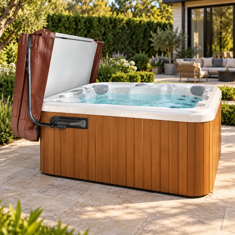 Cover lifter holding a folded brown cover upright beside an open hot tub