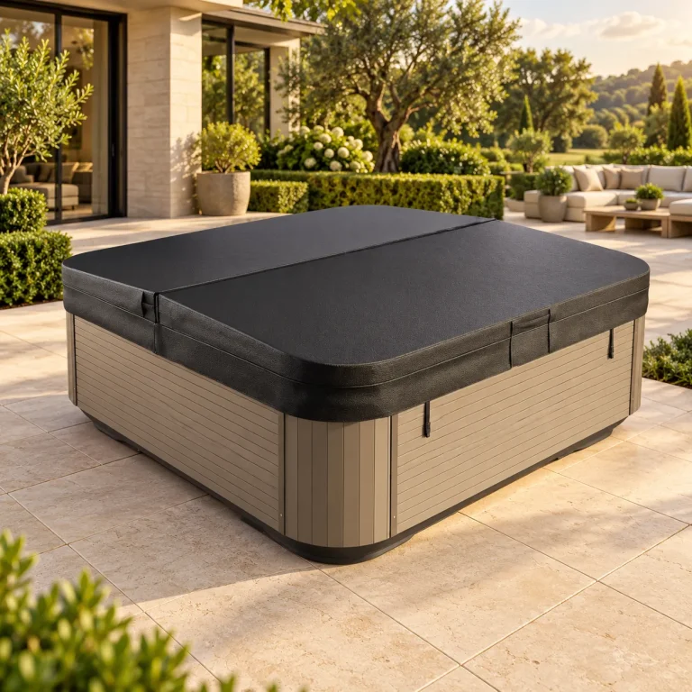 Black hot tub cover on a tub on a sunlit stone patio
