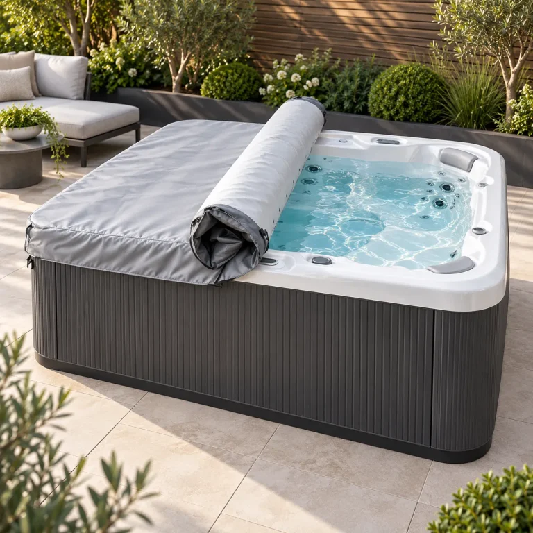 Grey rollaway spa cover half rolled back on a hot tub