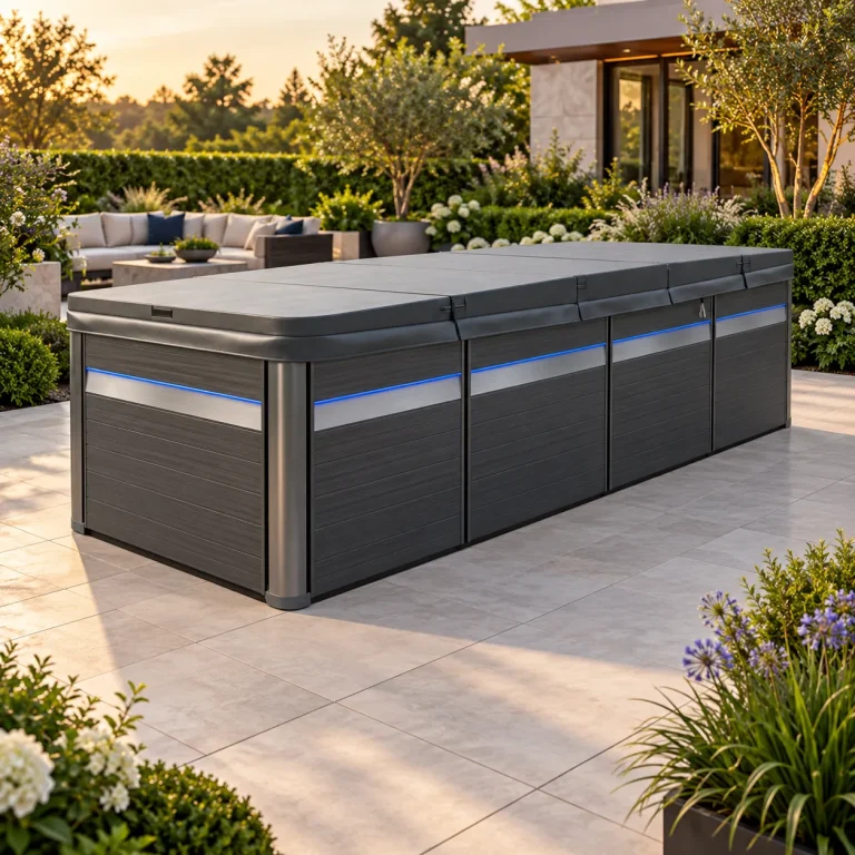 Grey swim spa cover on a swim spa on a sunlit patio